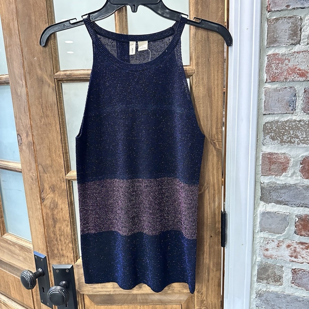 Moth‎ Anthropologie Knit Tank Top Women M Navy Pink Metallic Shimmer High Neck